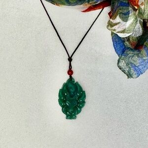 Green Faux Jade Style Carved 2” Dragon Talisman W/Adjustable Cord 16” Necklace